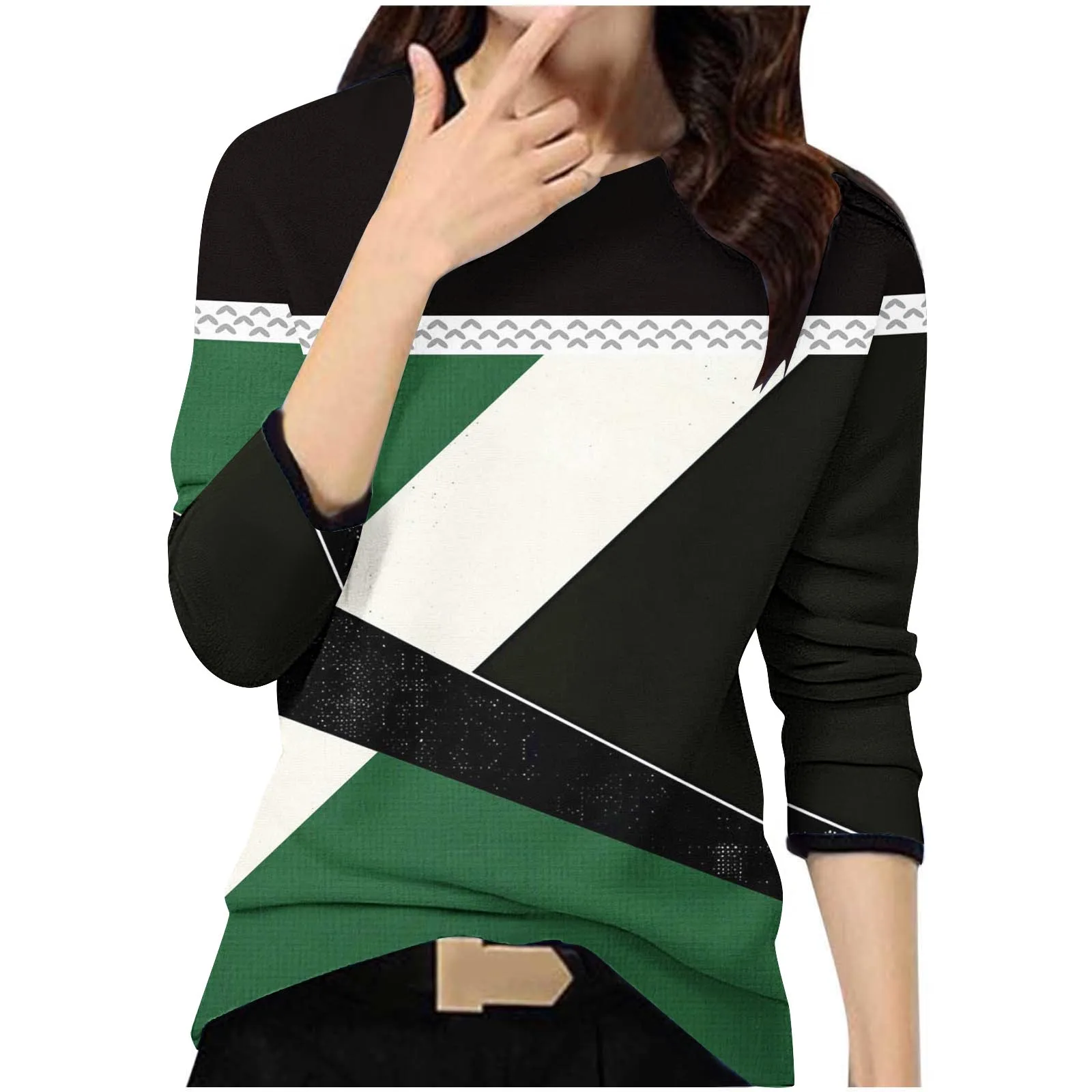 Spring Autumn Women Simple Casual Tops Loose O-Neck Stripe Printed Long Sleeve Green Pullover T-Shirt Tops Can Be Customized.