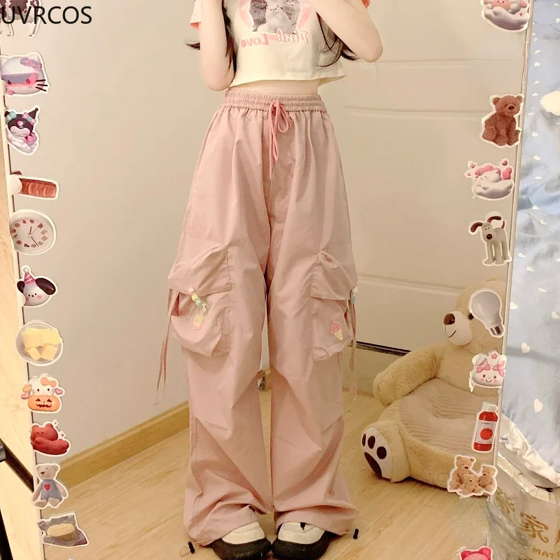 Pink Blue Japan Kawaii Casual Pants Women Sweet Flower Embroidery Buttons Pocket Sweatpants Korean Style Cute Wide Leg Trousers