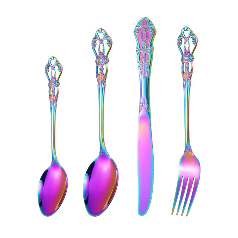 

16 шт., винтажные наборы столовых приборов Royal Court, тисненый дизайн, гладкие края, набор кухонных столовых приборов, набор вилок и ложек из нержавеющей стали, десерт