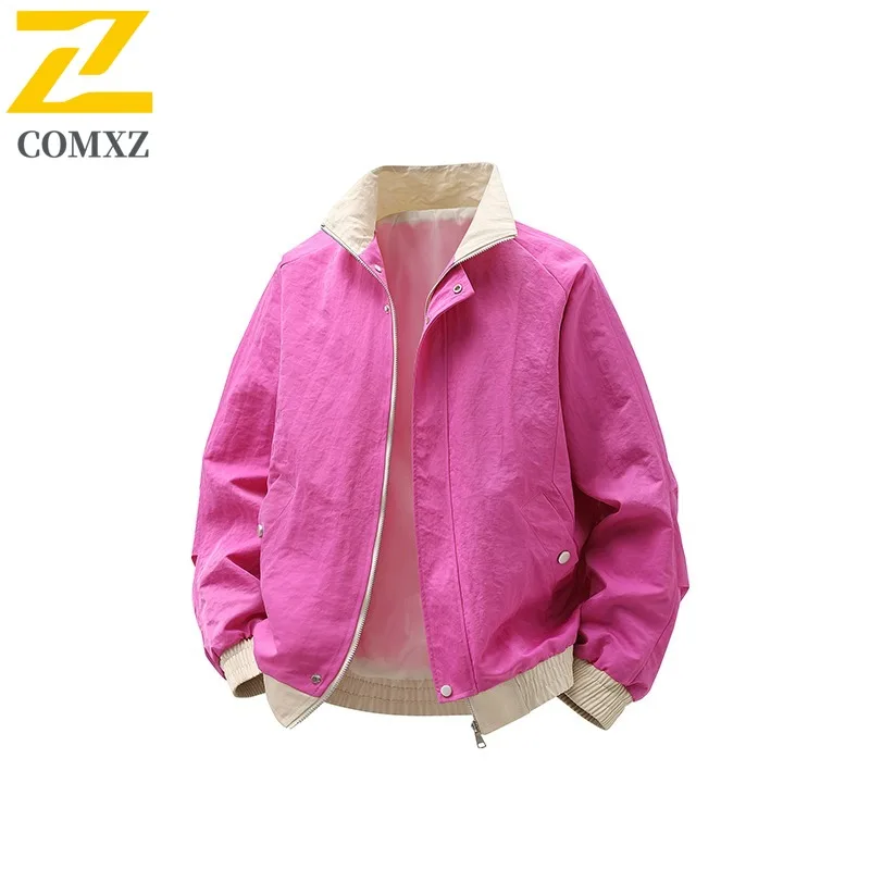 COMXZ Men Windbreaker Jacket Waterproof Stand Collar Outdoor Hiking Color Block Camping Jackets 2025 Walking Comfortable Coat