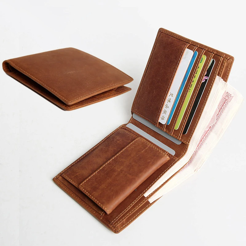 Crazy Horse Genuine Cowhide Leather Men Wallet Slim Hasp Purse Multi Card Holder Zipper Coin Pocket Male Daily Money Bag