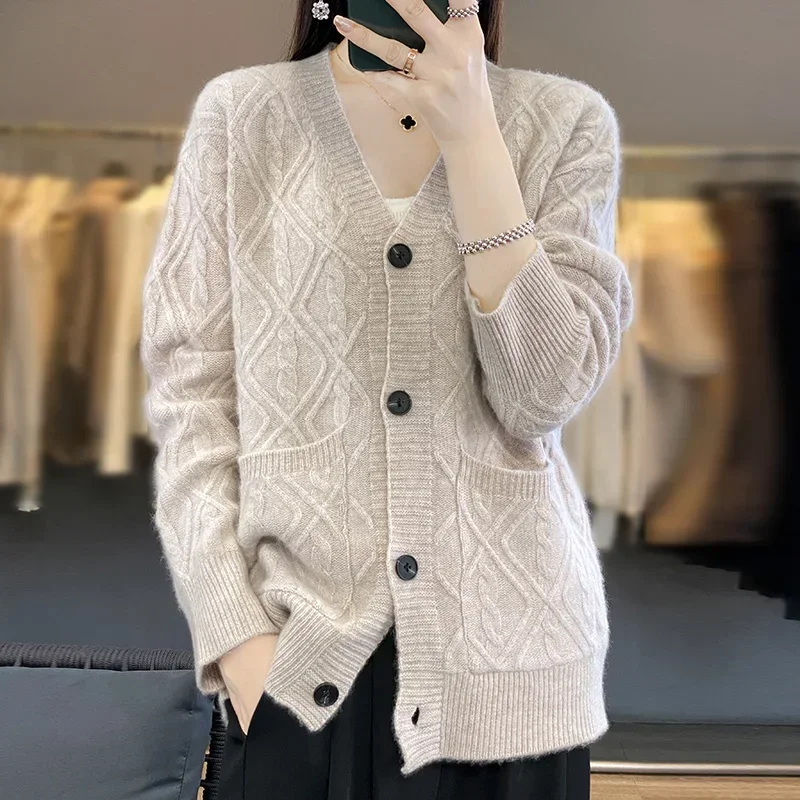 

Hot Sale Autumn Winter New 100% Wool Cardigan Sweater Women's Solid Color Fashion Coat Female Loose Large Size Knitted Cardigans