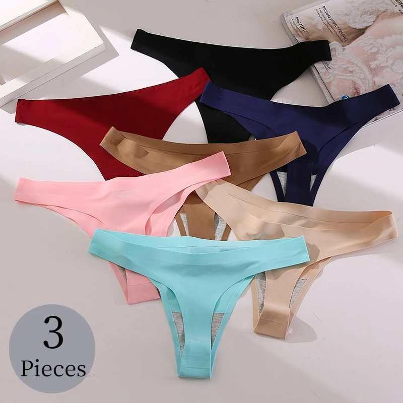 TrowBridge 3PCS/Set Sexy Female Thongs Seamless Women\'s Panties Silk Satin Underwear Breathable G-Strings Cozy Underpants T-Back