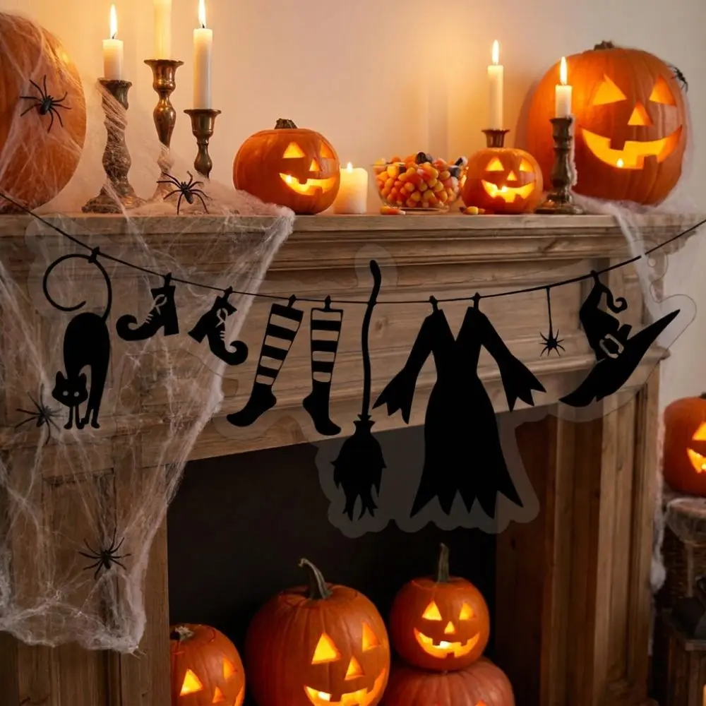 Acrylic Halloween Witch Hat Wall Art Spooky Witch Broom Witch Cloak Hat Party Bunting Minimal Black