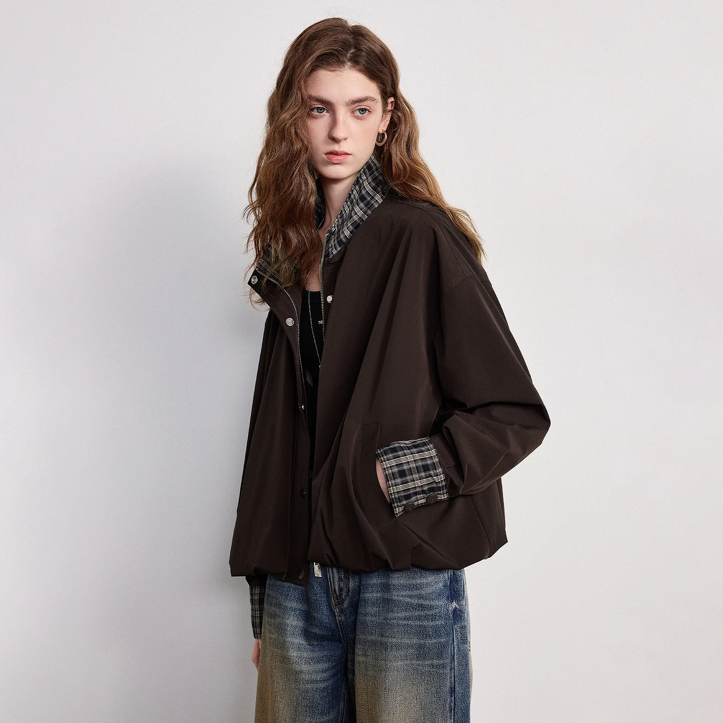 TOYOUTH Women Coat 2026 Spring New Splicing Plaid Loose Cocoon Retro Silhouette Top