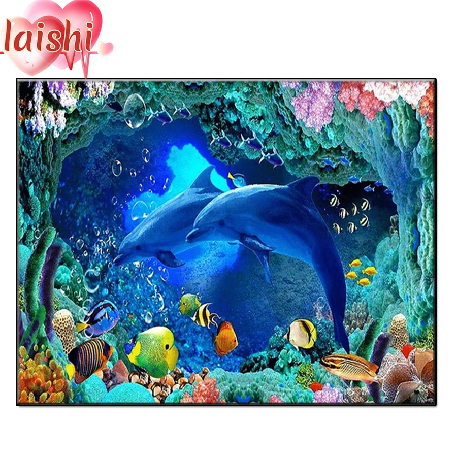 5D Undersea scenery, dolphins Diamond Painting Full Round Rhinestone Paintings Diamond Embroidery Cross Stitch Mosaic Home Decor