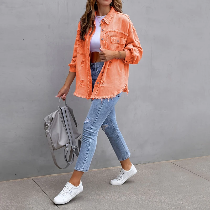 

Spring Women Lapel Single-breasted Coat Solid Color Mid-length Long Sleeve Denim Jacket Loose Coats Streetwear Autumn 2024 New