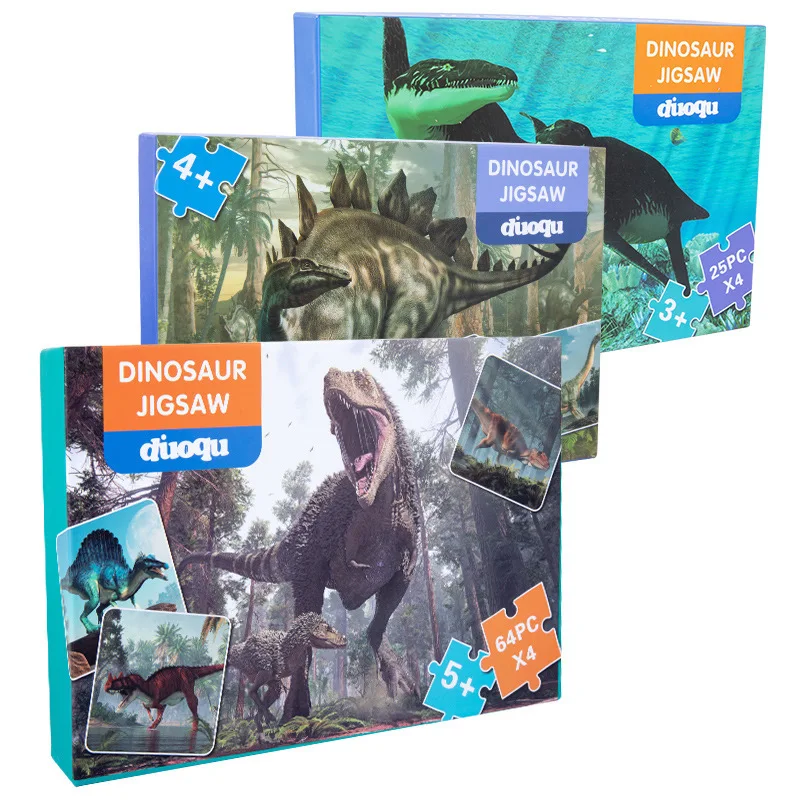 Ensemble de puzzles de dinosaures en papier 4 en 1, jeux de puzzle familiaux, Montessori, enfants précoces, cadeaux jouets, 25 pièces, 36/64 pièces