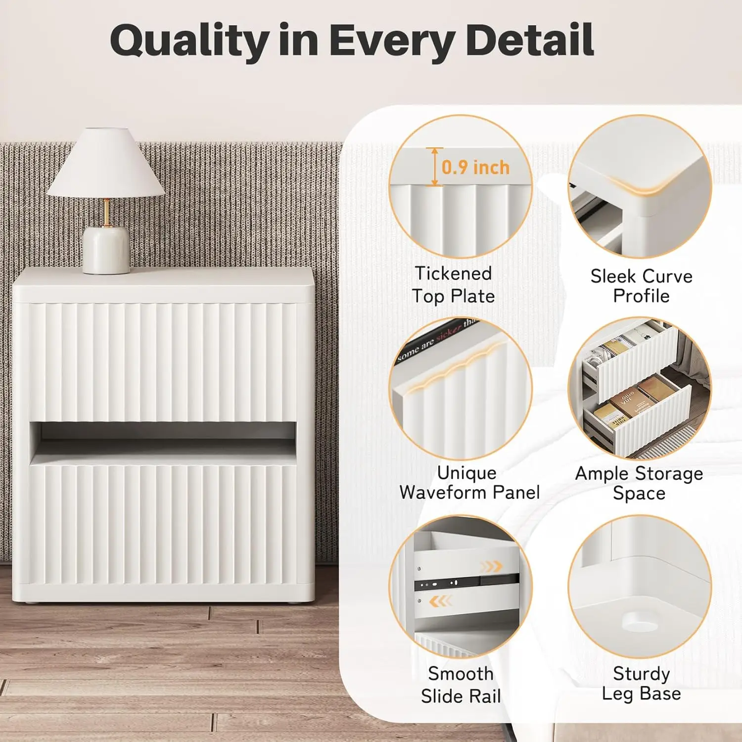 Mesa de noche estriada Dripex con 2 cajones, mesita de noche grande y ancha de madera para dormitorio, moderna de mediados de siglo