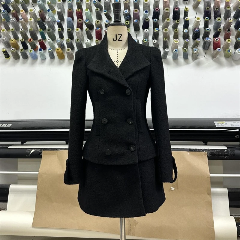 Set da 2 pezzi da donna elegante vintage francese invernale giacca dal design sottile nero + gonna casual a vita alta abiti popolari coreani femminili