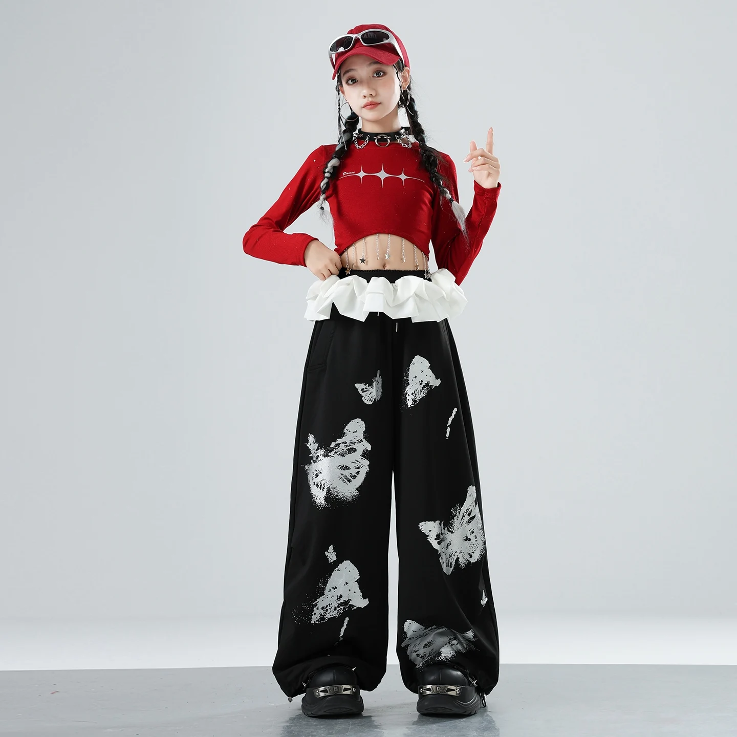 Meninas jazz hip hop roupas de dança vermelho nacel topos baggy sweatpants roupas prática salão mangas compridas rua danewear bl17135