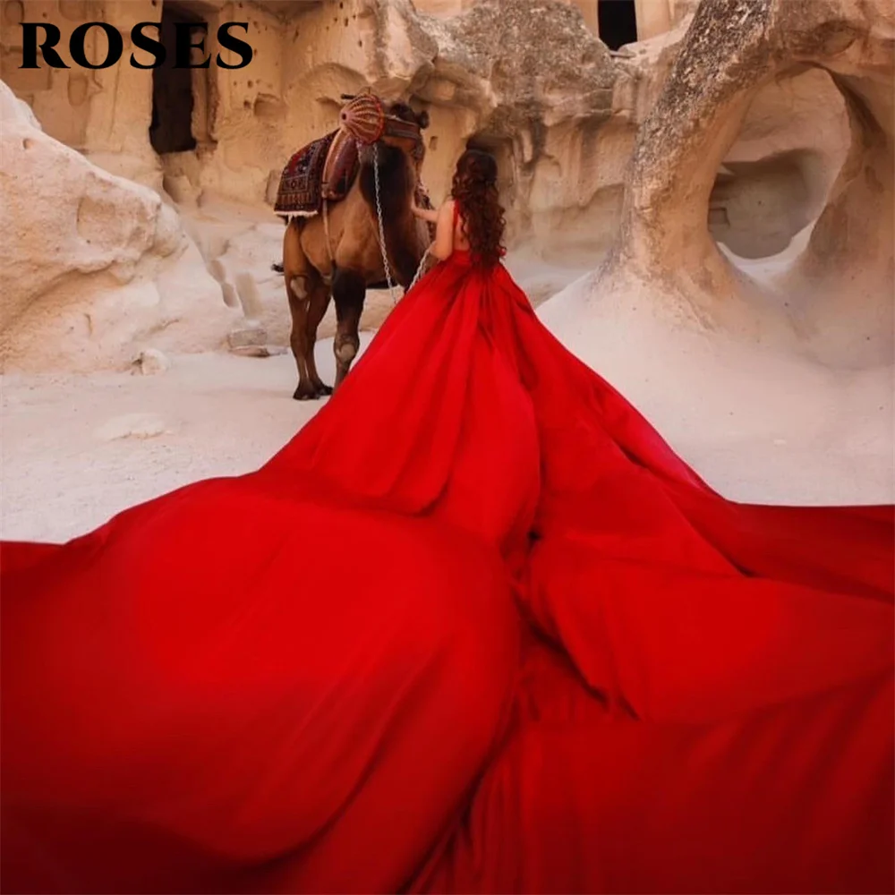 ROSES Elegant Sexy Red Wedding Party Dress Soft Stain Celebrity Dresses With Long Train Special Occasion Dresses robes du soir