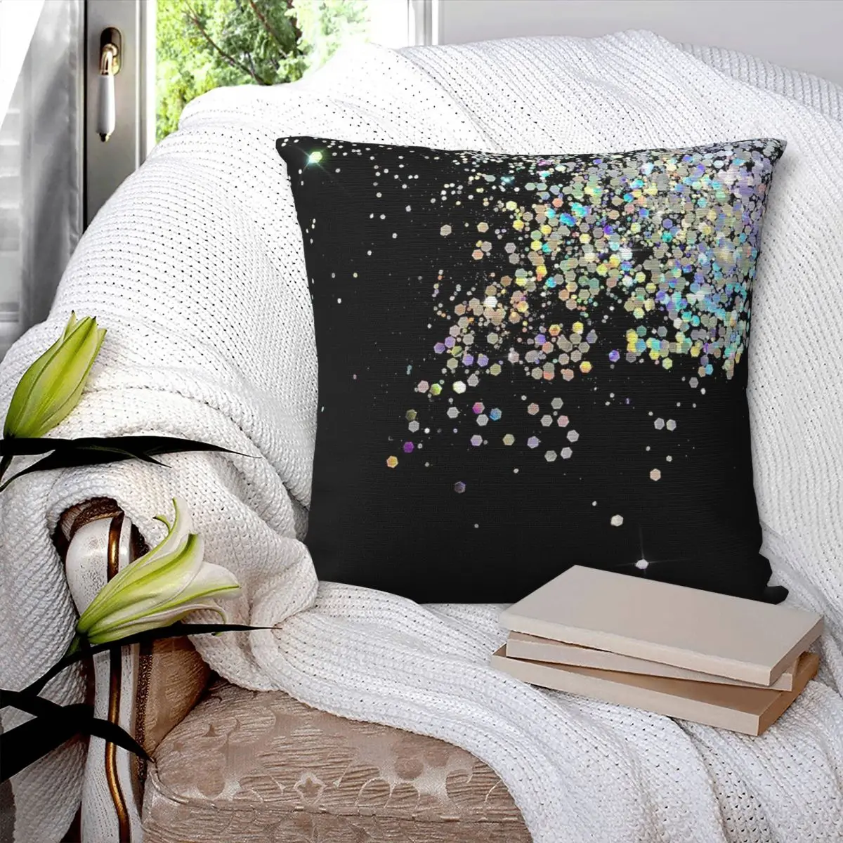 Black And Holographic Sparkle Square Pillowcase Pillow Cover Polyester Cushion Zip Decorative Comfort Throw Pillow for Home Car
