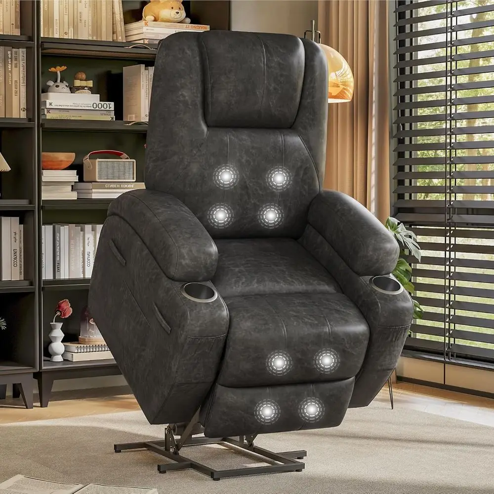 

Elderly-Friendly Electric Recliner with Light Black Leather and Cup Holders for Living Room Comfort