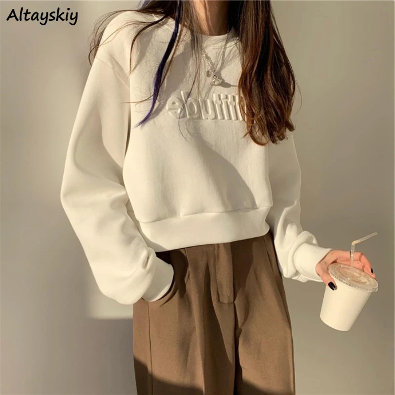 Spring Letter Sweatshirts Women Short Style Simple Sweet Korean Fashion Ins All-match Long Sleeve No Hat Hoodie Feminine Clothes