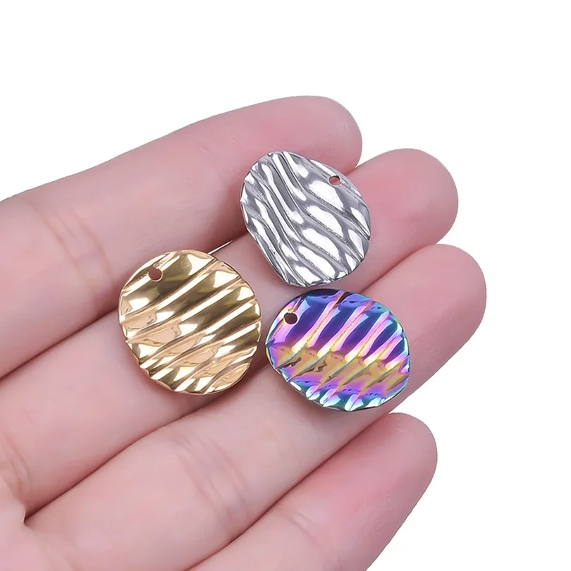 5Pcs DIY 304 Stainless Steel 16X16mm Wave Round Rainbow Silver Gold Color Charms Pendant for Men Women