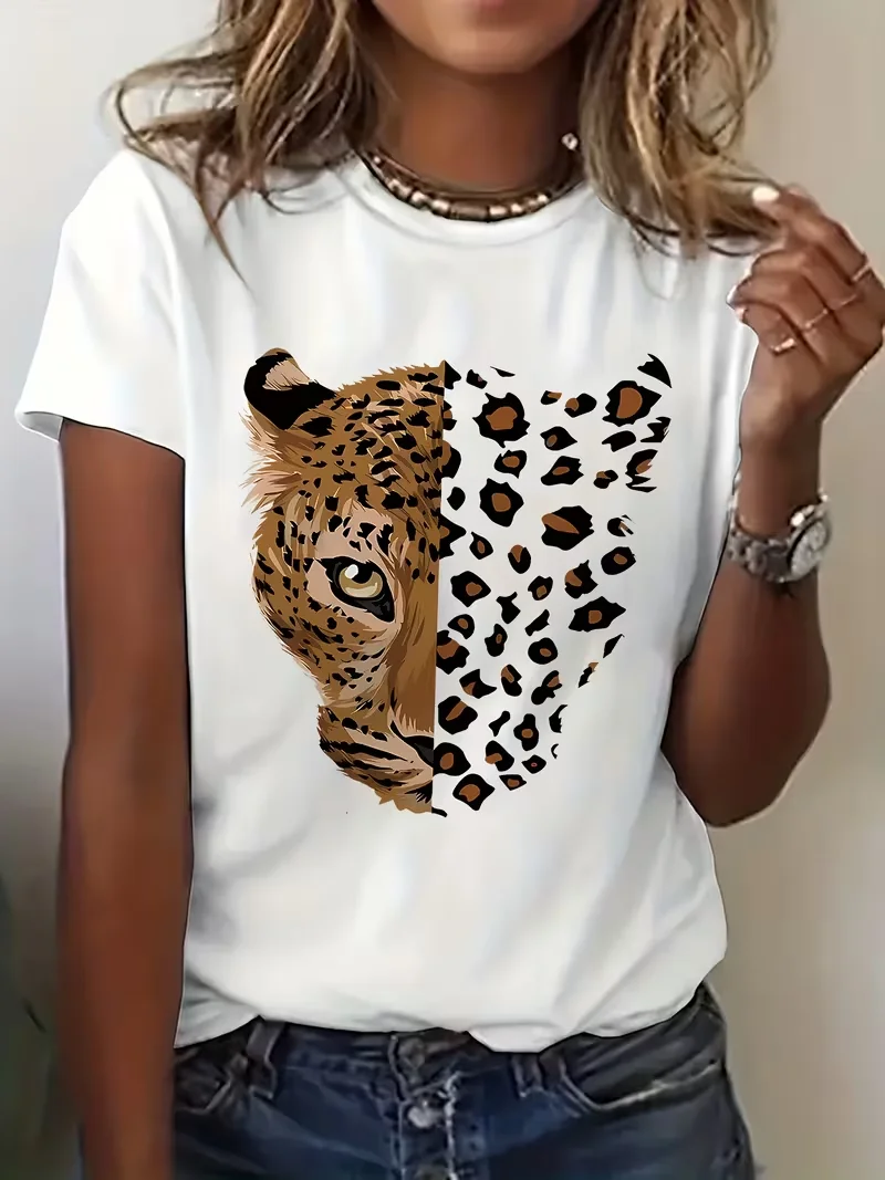 Damen-Freizeit-Sport-T-Shirt mit kurzen Ärmeln, Leopardenmuster, Rundhalsausschnitt, bequem, langlebig, vielseitig einsetzbar für den täglichen Gebrauch, im Fitness-Studio, auf Reisen
