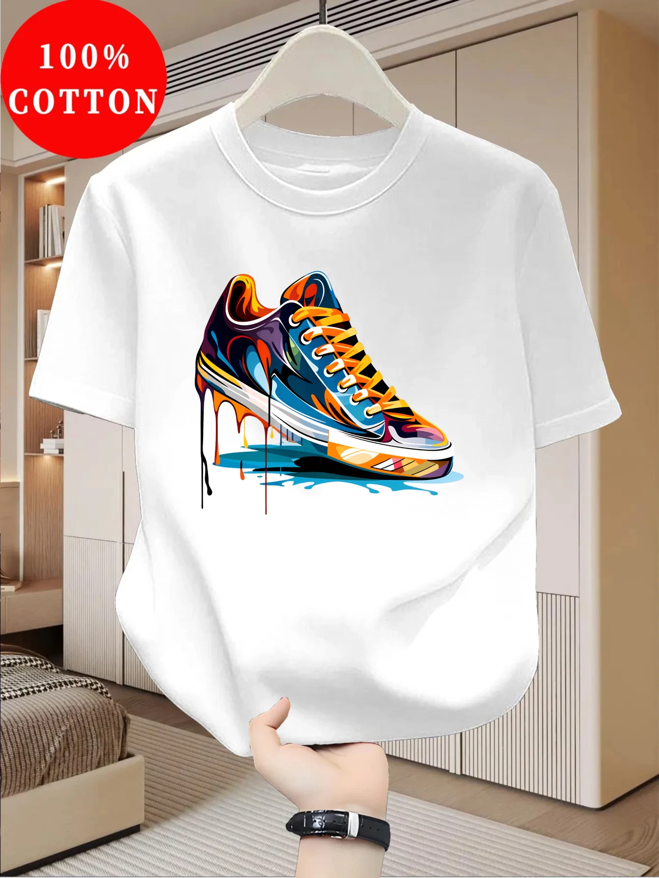 T-shirt décontracté pour homme en coton 100% avec imprimé graffiti tendance, col rond et manches courtes, idéal pour l'été