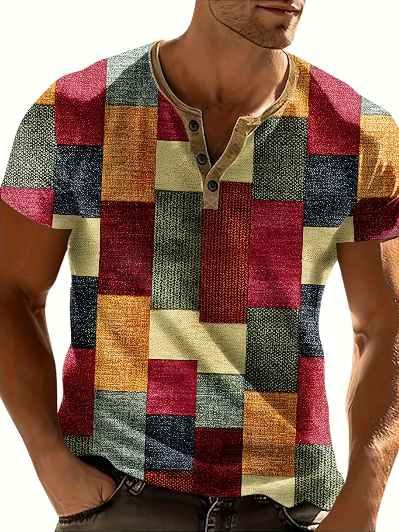 

Hot Selling Men's Summer T-shirt V-neck Color Block Pattern Comfortable Short Sleeve