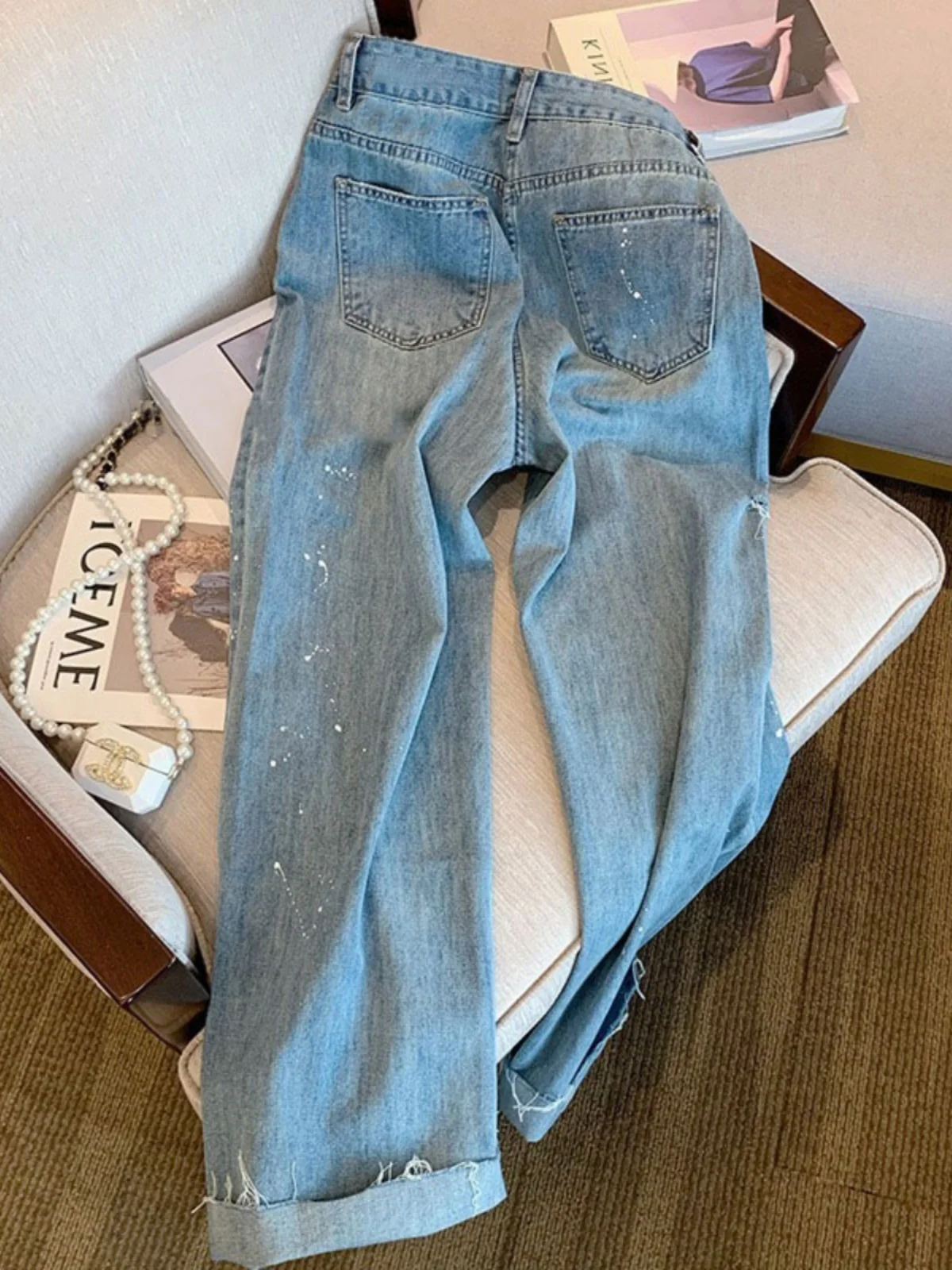 Retro Jeansy z efektem plamion, męskie i damskie, letnie, modne, markowe, indywidualne, slim, z szerokimi nogawkami, proste spodnie, 100% bawełna, luźny krój.