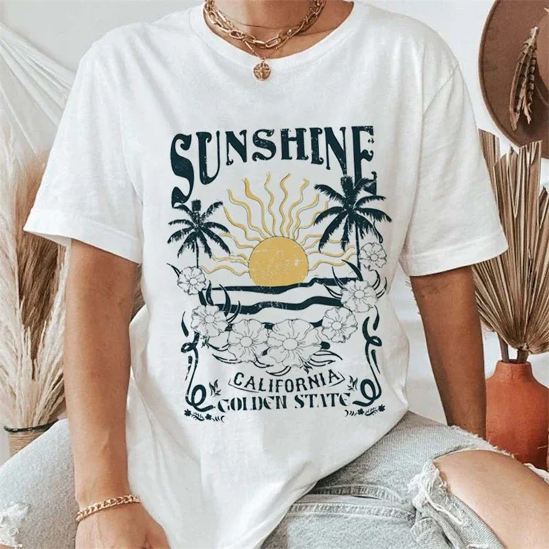 Clothing Printed T-Shirt Casual Summer Beach Print Vector Graphic T-Shirto Collar Cartoon 90s Women's Pattern Clothing T-Shirt