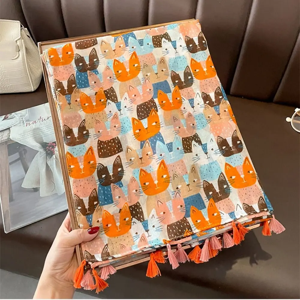 

All-match Long Cat Pattern Tassel Scarf Bohemian Cartoon Animal Print Scarves Thin Kitten Ethnic Style Wrap Clothing Accessories