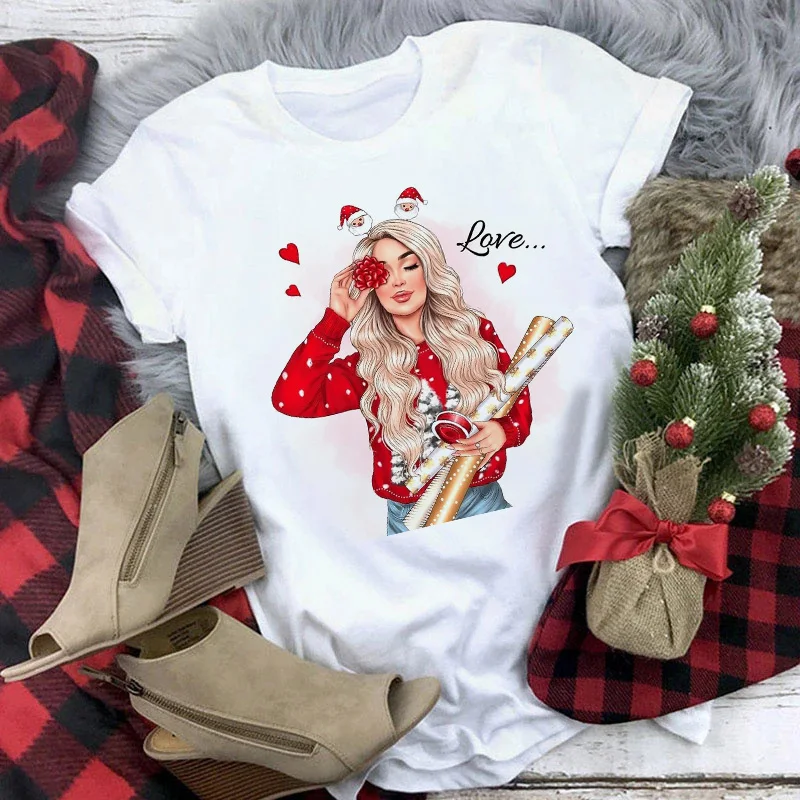 Maycaur Women T Shirts New Year Winter Season Cute Merry Christmas Print Tshirts Top T Shirt Ladies Graphic Female Tee T-Shirt