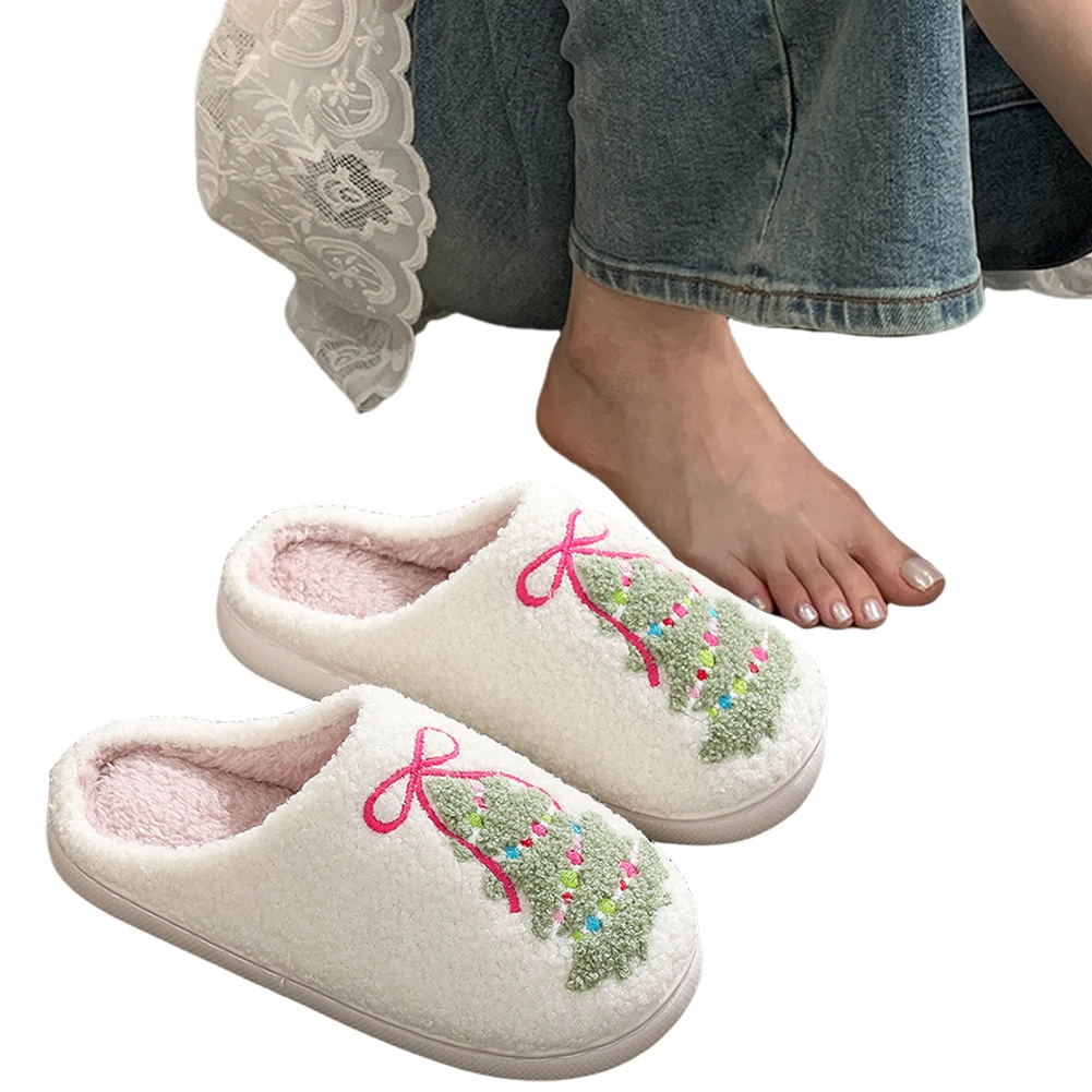 

Christmas Tree Pattern Plush Home Slipper Cute Warm Non-Slip Indoor Slippers with Bow Embroidery Thick-Soled Fluffy Home Slipper