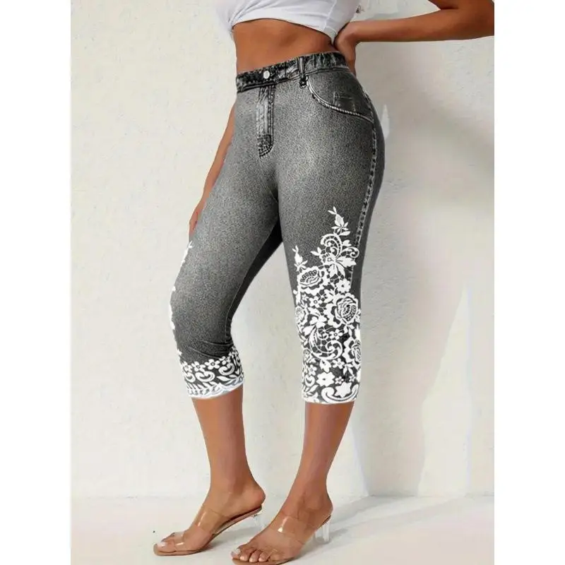 Printed Crop Leggings Seven-Quarter Length Invisible Function Women's Pants Fashionable Print Design Acrylic Fiber Material
