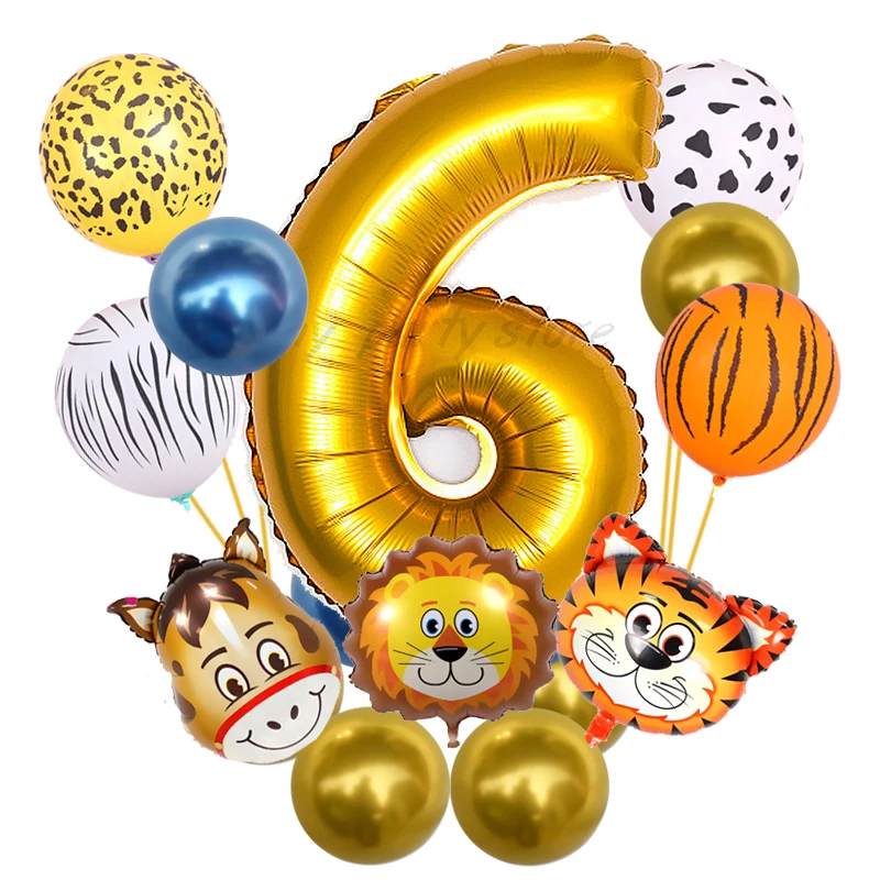 0-9 Years Old Birthday Party Balloon Set Children Tiger Lion Donkey Animal Aluminum Foil Balloons Jungle Theme Ballon Decoration