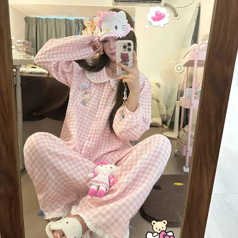 

Kawaii пижамный комплект Hello Kitty для женщин, весенне-осенняя одежда для сна с длинными рукавами, женская удобная домашняя одежда, женская домашняя одежда