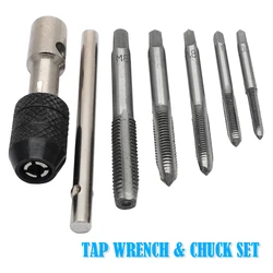 5Pcs Screws Thread Tap Drill Bit HSS Metric Plug Hand Tapper Set M3/M4/M5/M6/M8 +M3-M8 Wrench for Wood Metal Aluminum Processing