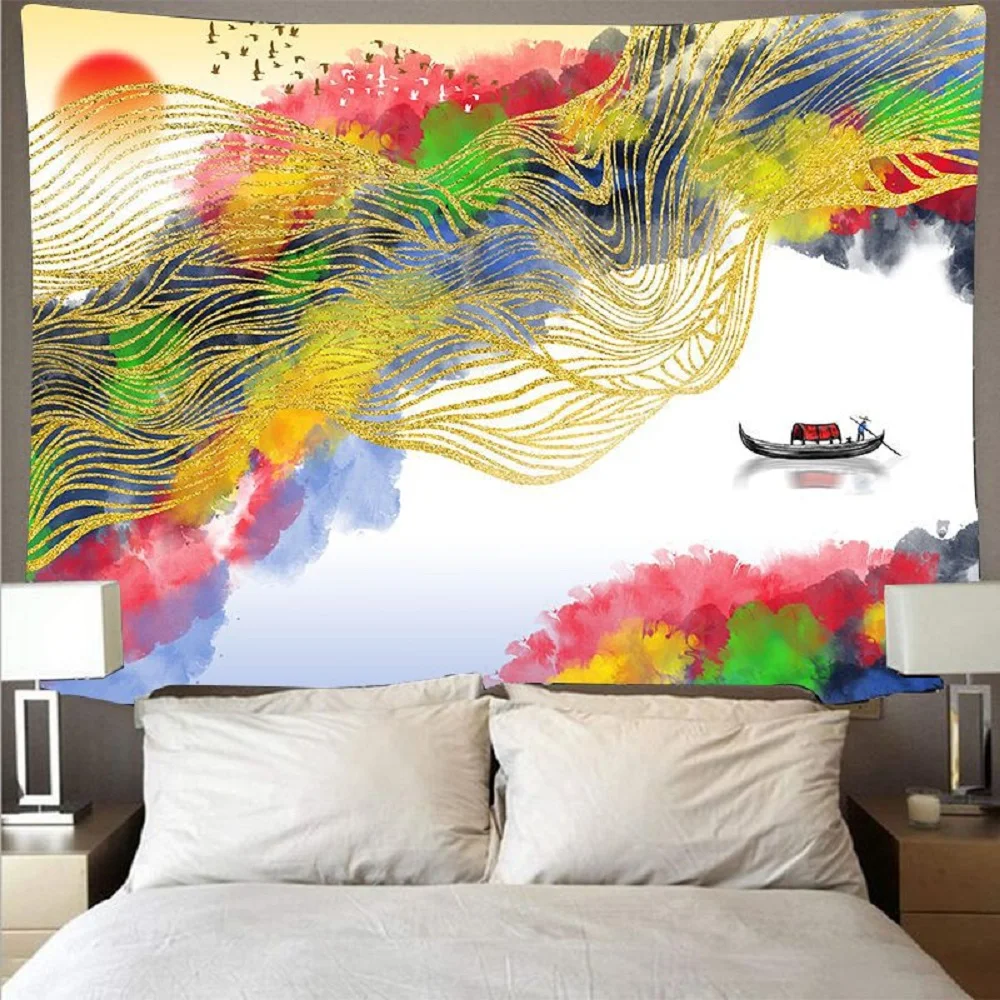 

Mountain Water Scape Painting Tapestry Chinese Style Psychedelic Paint Mural Tapestries Bedroom Living Room Decor Wall Hanging
