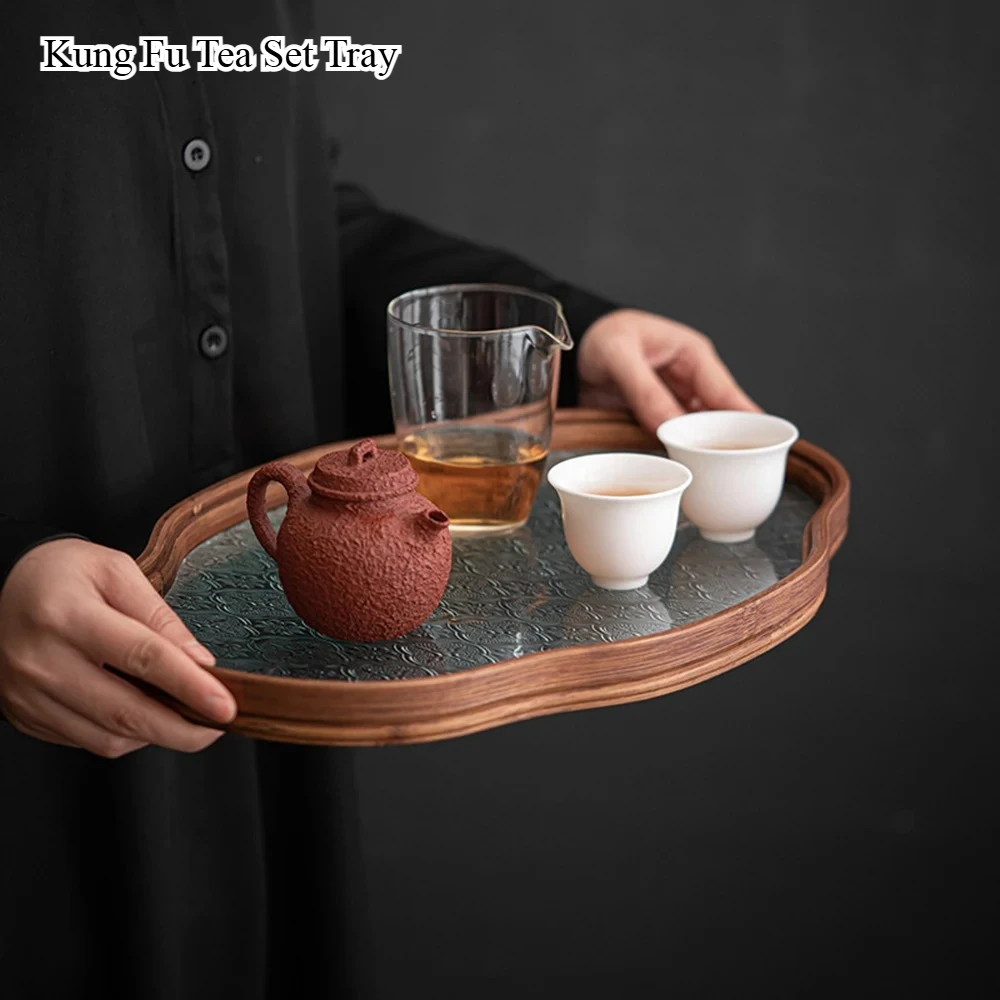 

Kung Fu Tea Set Tray - Vintage Glass Cosmetic Organizer with Floral Design | Dual-Use for Tea Ceremony & Makeup