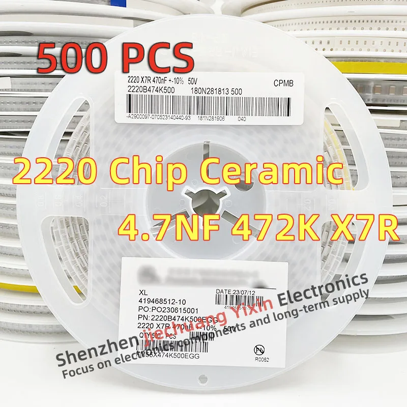 

Chip Ceramic Capacitor 2220 4.7NF 630V 1KV 2KV 3K 472K 10% accuracy X7R material 5750 Capacitance 500pcs