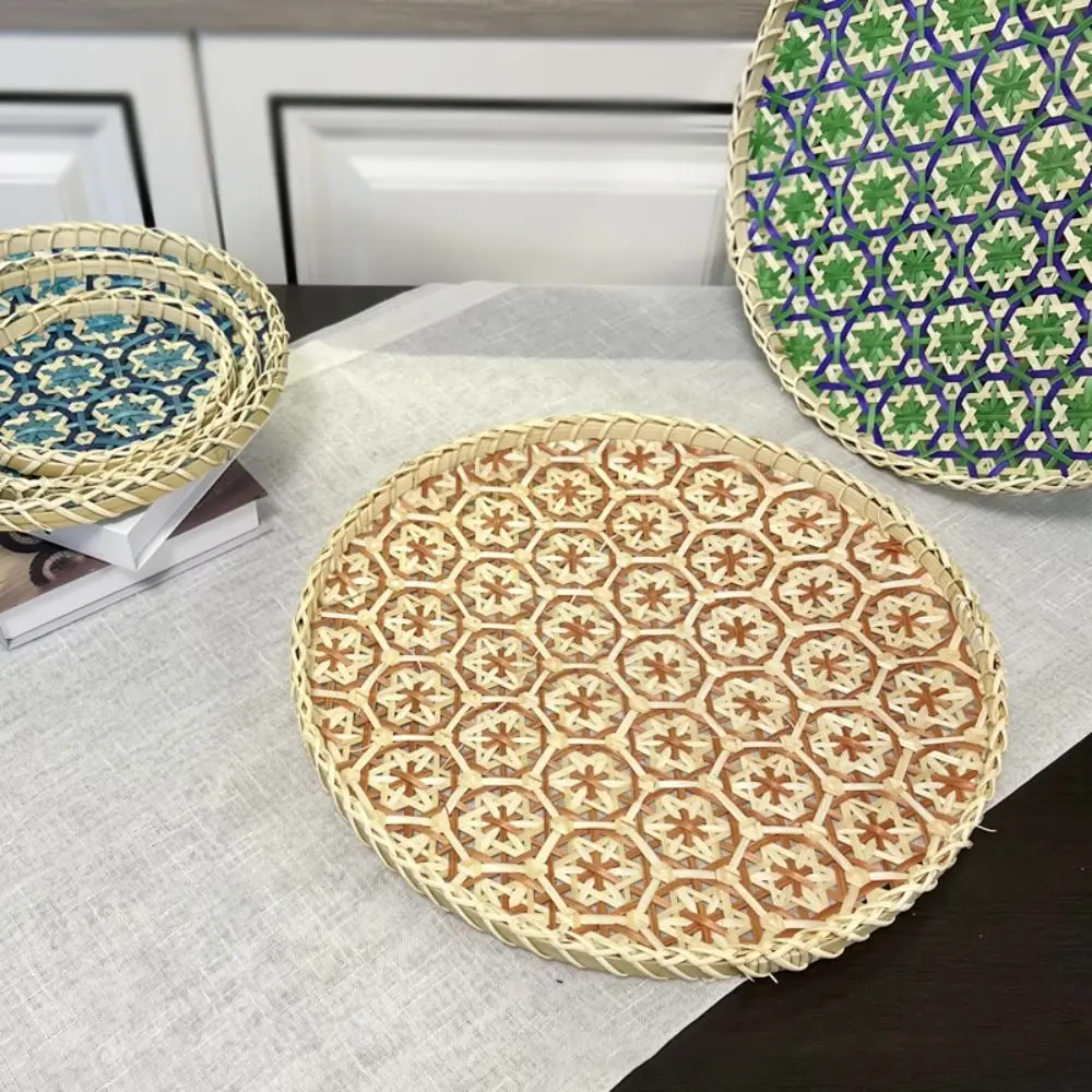 

Colorful Handmade Bamboo Round Tray Bohemian Style Woven Weaving Fruit Basket Portable Decorative Dried Fruit Plate Bathroom