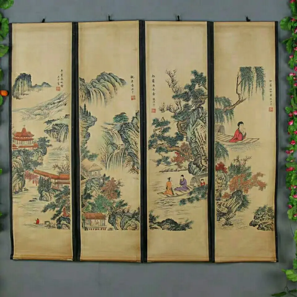 

Boutique Chinese landscape painting celebrity calligraphy framed living room four screens banner four finished products Hong