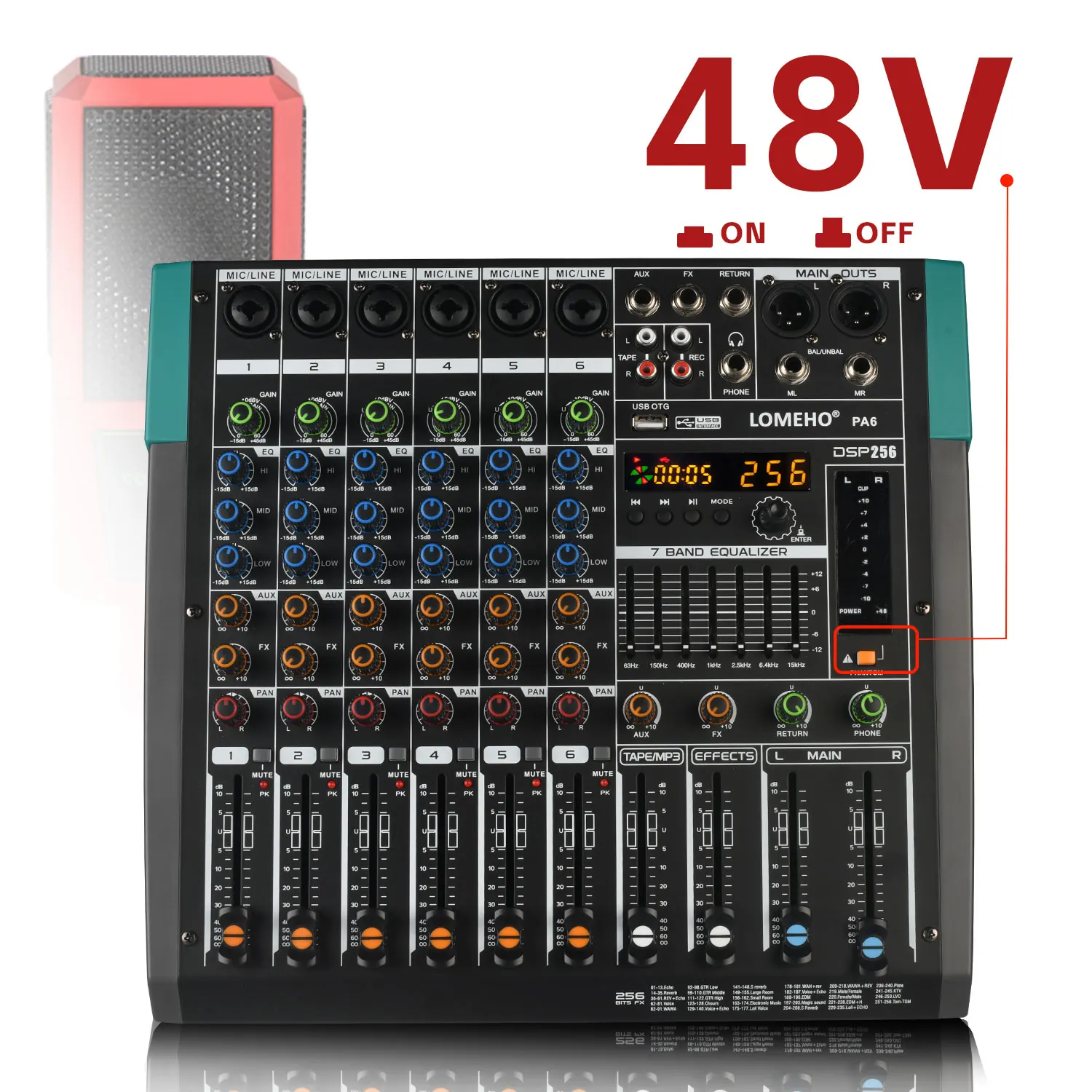 Imagem -02 - Channel Mixing Console Bluetooth 256 Efeitos Digitais Tabela de Som 48v Usb pc Play Gravação dj Mono Audio Mixer Pa6 Lomeho6