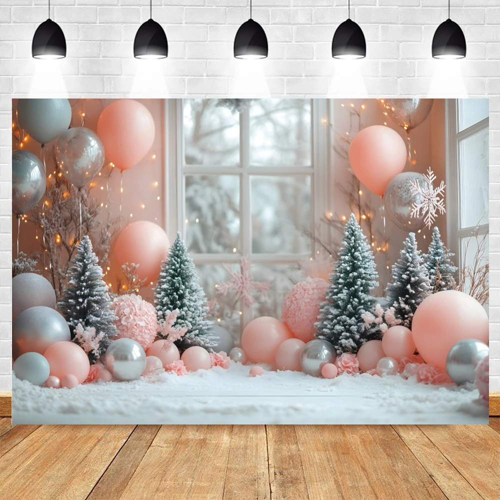 Pink ChristmasTrees Xmas Balls Background Winter Snow Photography Backdrop Kids New Year Home Party Decoration Banner