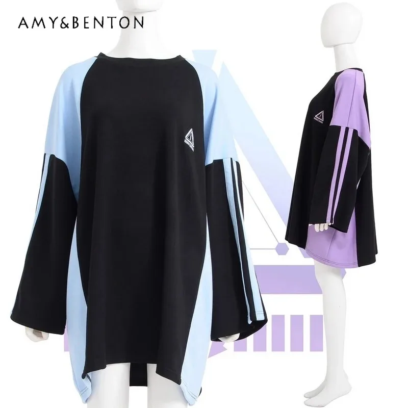 25COSاليابانية Harajuku Ililil نظام ألوان مائية اللون مطابقة القمصان للنساء ربيع جديد Y2K منتصف طول المتضخم تي شيرت