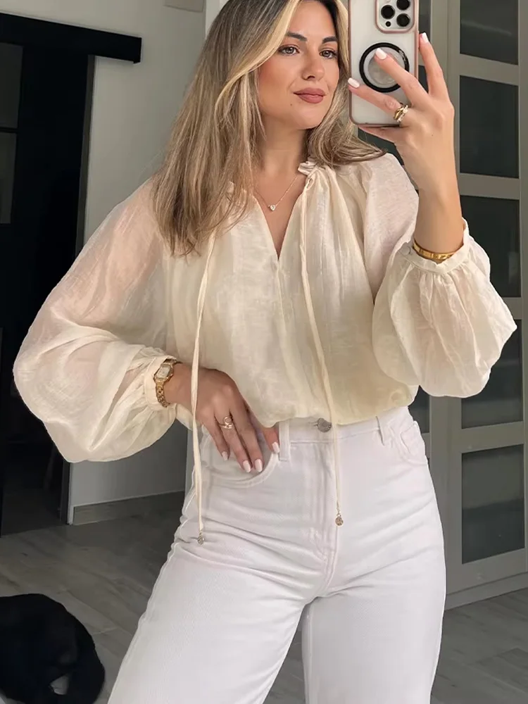 

HH Women's Autumn Fashion Solid Sweet Puff Sleeve Droop Semi-Translucent Shirt Female Temperament Tencel Fabric Loose Shirt