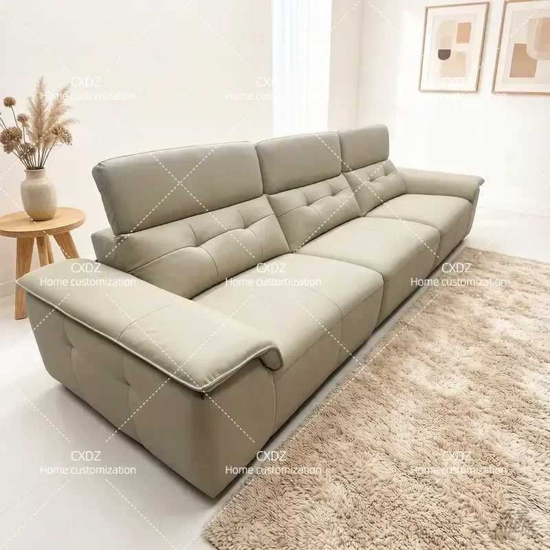 Modern Simple Leather Sofa 3 Seater Straight Row Living Room Furniture Household Economical Adjustable Headrest Couch