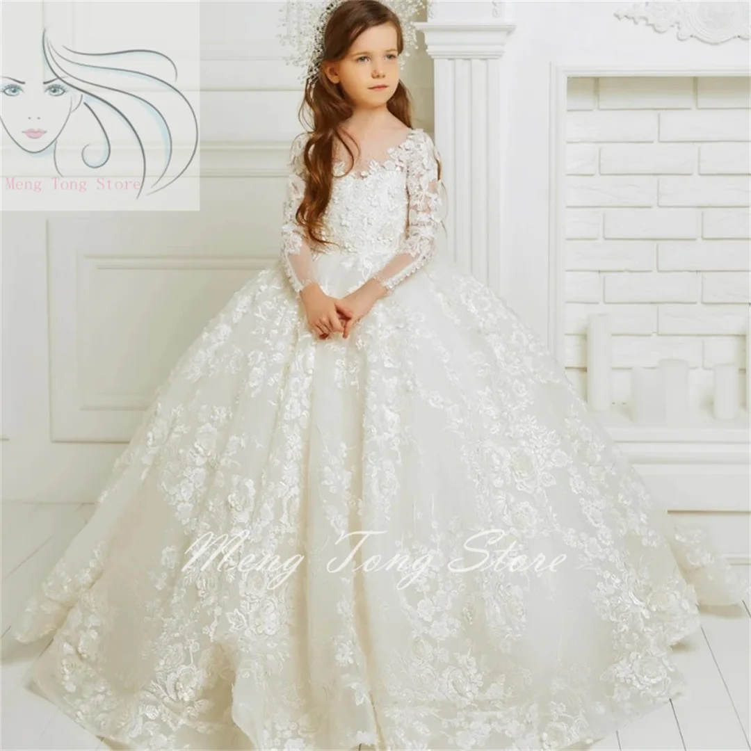 

Luxurious White Flower Girl Dress For Wedding Long Sleeve Applique Tulle Puffy Lace Prom Party Kids Pageant First Communion Gown