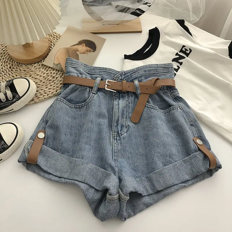 Curled shorts female retro light blue large size fashion summer high waist wide leg denim shorts female loose hot girl