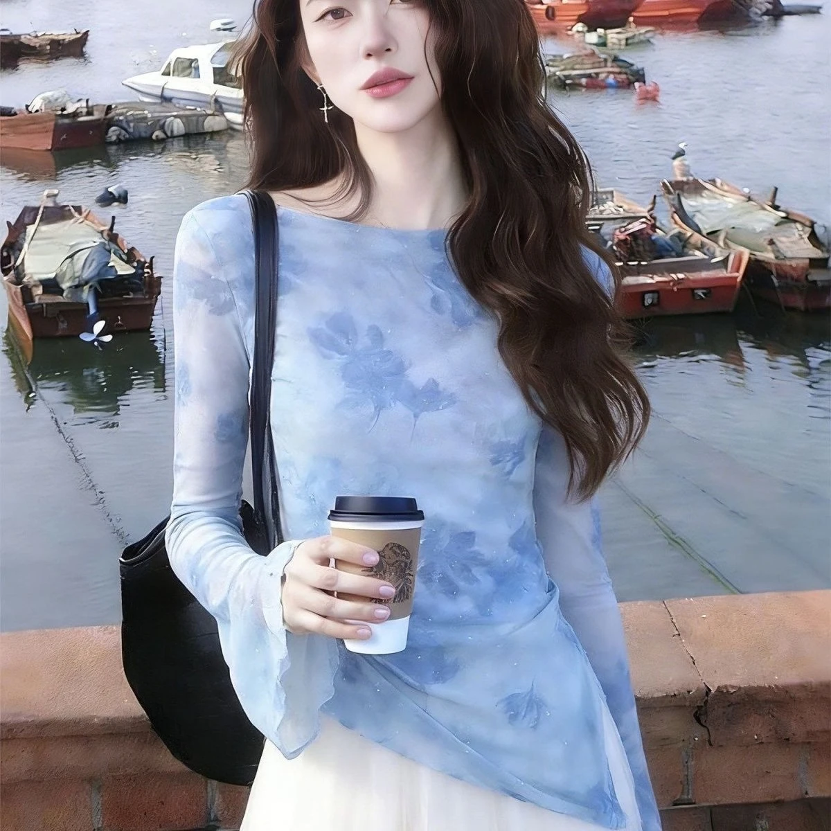 Women Floral Print Double Layer Mesh Top Fairy Bell Long Sleeve Blouse Spring Summer Elegant Sheer See Through Shirt