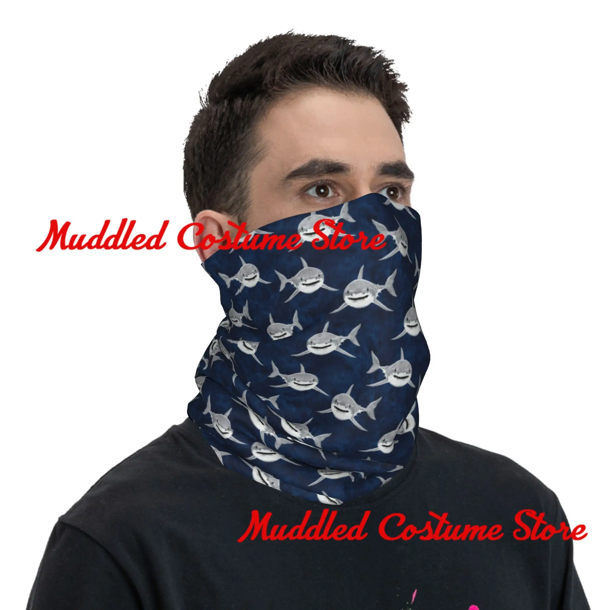 Shark dark blue Bandana Neck Cover Printed Wrap Mask Scarf Multi-use Headwear Hiking Fishing For Men Women Adult Winter view 5