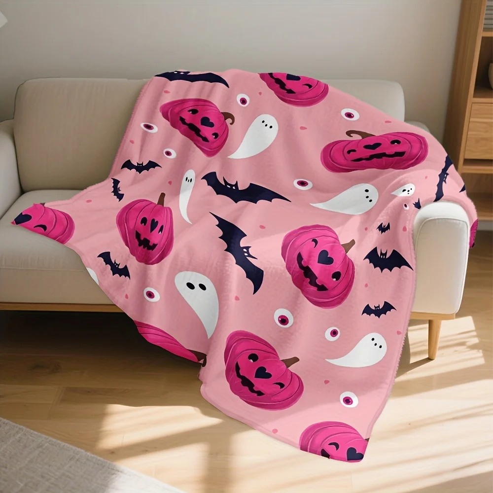 1pc a for Halloween Blanket Featuring an Adorable Design with Pink Ghosts, Pumpkins, And Bats. This Soft And Cozy Flannel Throw