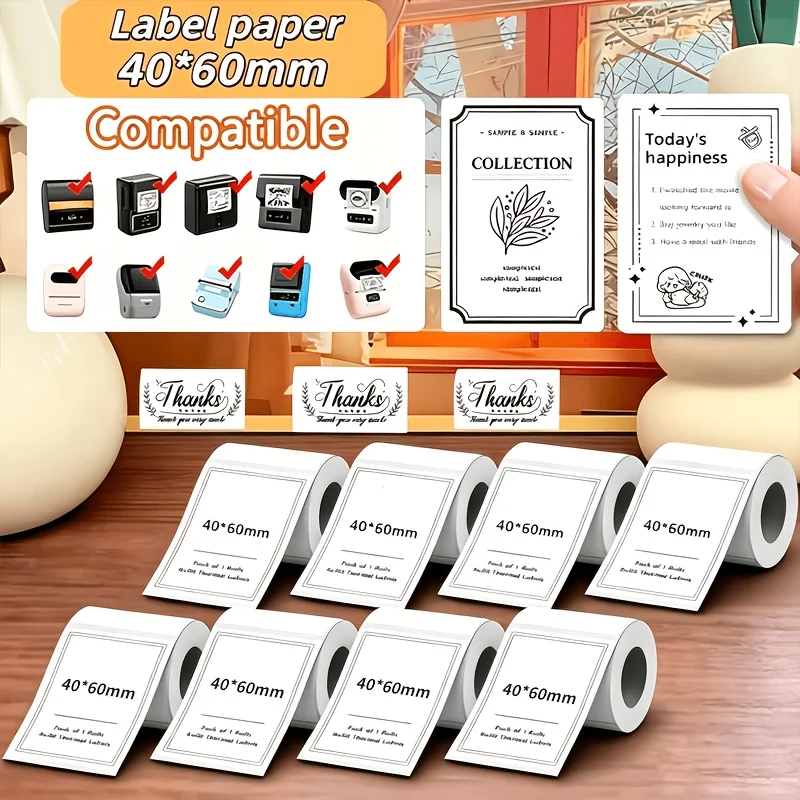 8 Rolls White Thermal Labels 40x60mm Self‑adhesive Package Sticker Compatible with SK58 SK35 SK45 M110 P50 Mini Thermal Printer