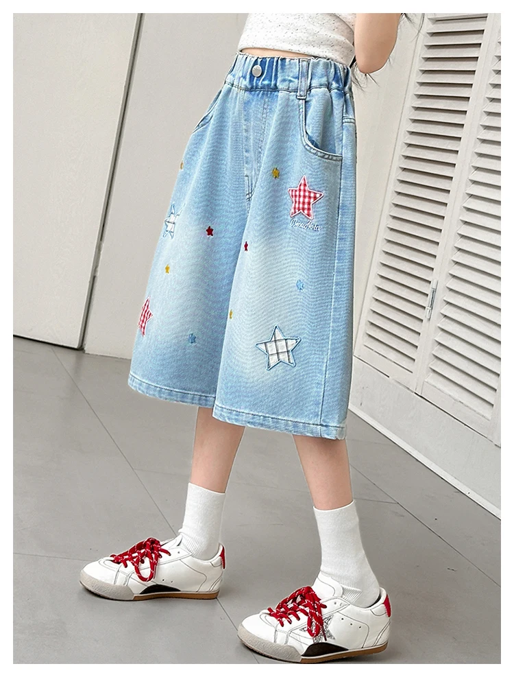 Kinder Sommer Retro Blaue Denim-Shorts mit Sternen für Tweens Mädchen Hip-Hop Taschen Hohe Taille Schmale Knielange Capri-Jeans – Detail 4