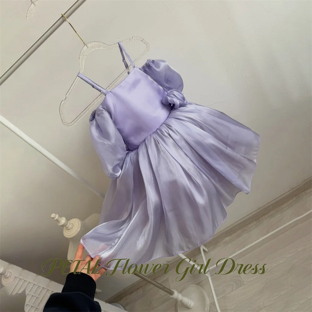 Petal Lavender Kids Birthday Wedding Dresses Spaghetti Strap Short Sleeve First Communion Dress A Line Girls Princess Dress
